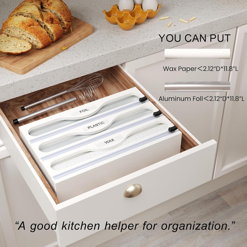 Danfoxer Wrap Dispenser with Cutter and Labels, Plastic Wrap Organizer For Kitchen,Bamboo 3-in-1 Wrap Dispensers for Cling Wrap Aluminum Foil and Wax,Storage Organization Holder（White） - Image 4